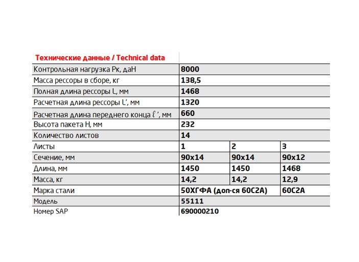 Рессора задняя 55111-2912012-01 для грузовиков производства ПАО КамАЗ 65115, 55111, 43118 14 листов