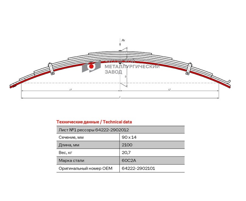 Лист №1 64222-2902101 рессора передняя для МАЗ 54323, 64229, 64221 7 листов